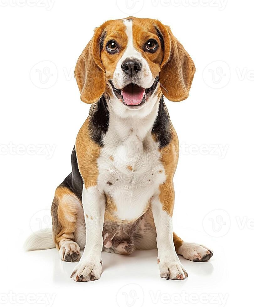 Beagle dog running and jumping, side view, white background, in the style of high definition photography, photo