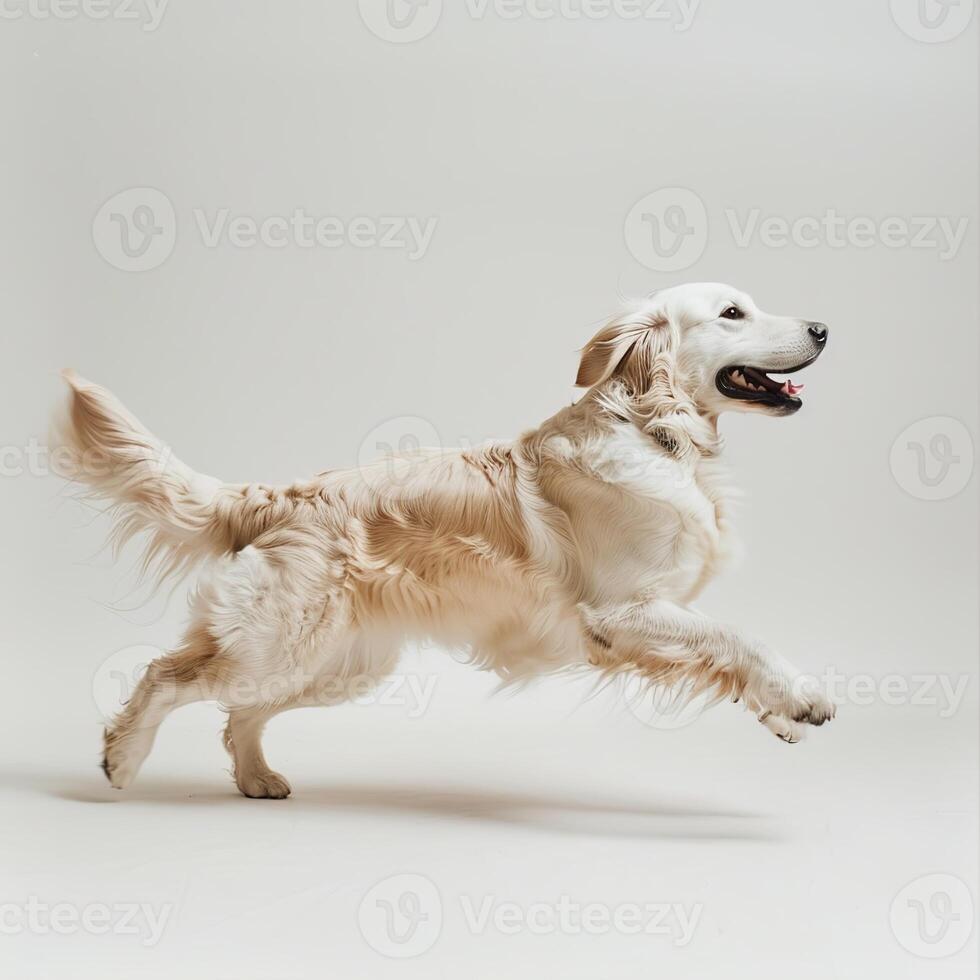 A cute golden retriever dog jumping and running on a white background photo