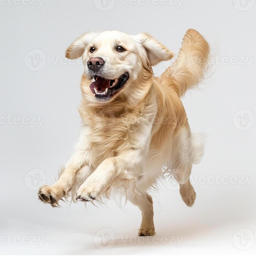 A cute golden retriever dog jumping and running on a white background photo