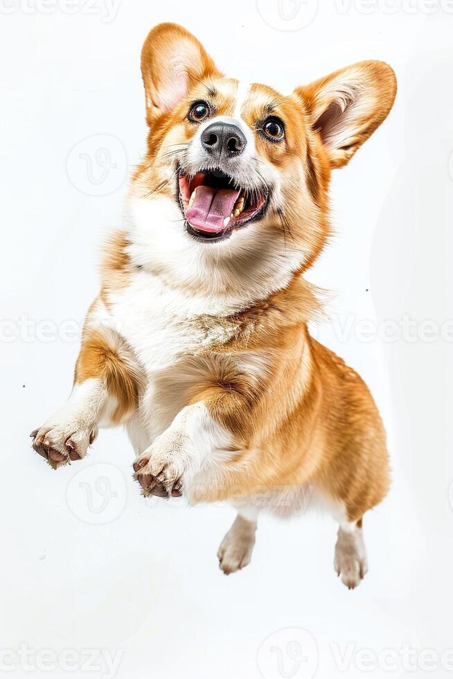 A Corgi dog jumping up with a happy expression against a white background photo