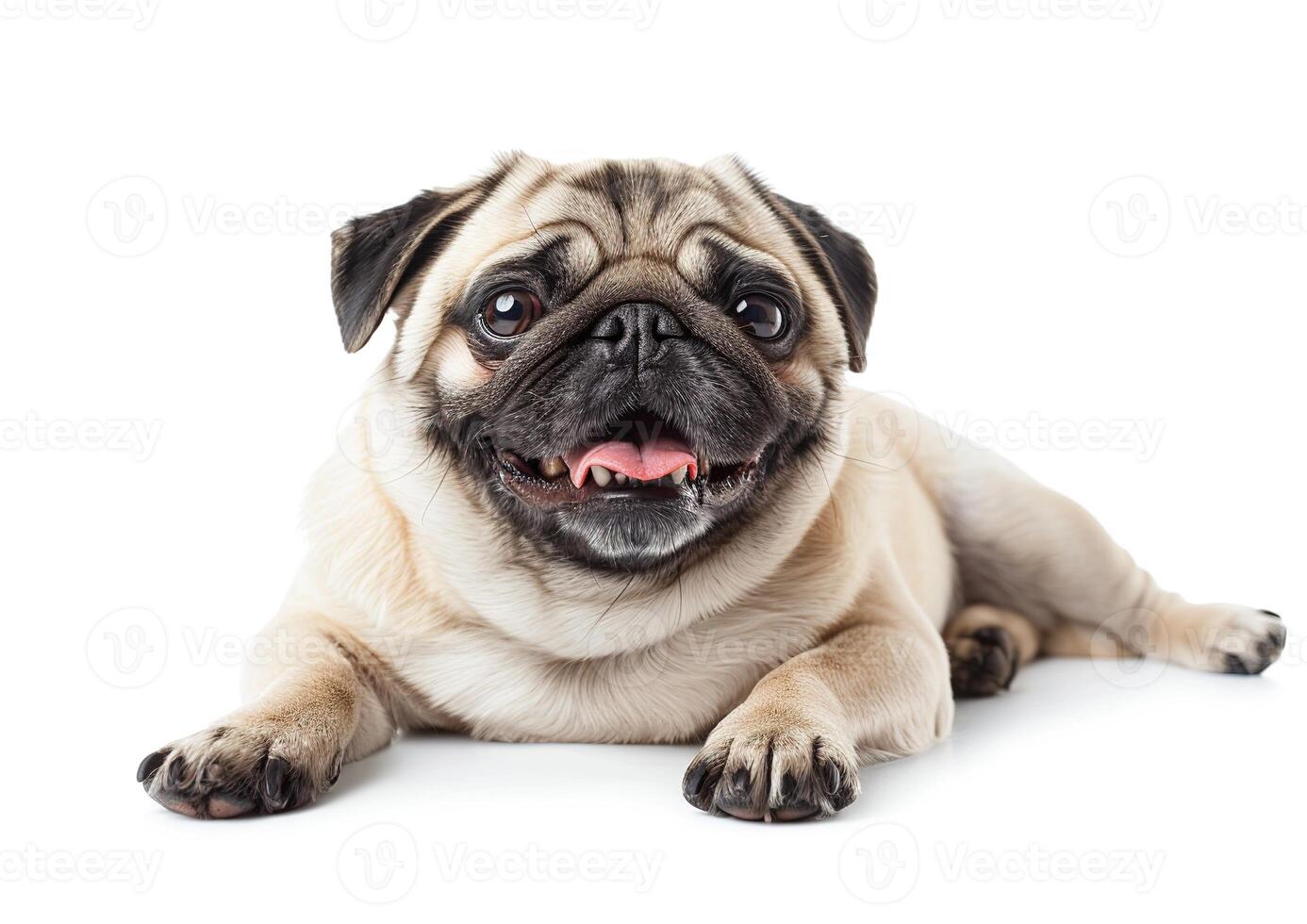 Photo of a happy pug dog lying down on a white background