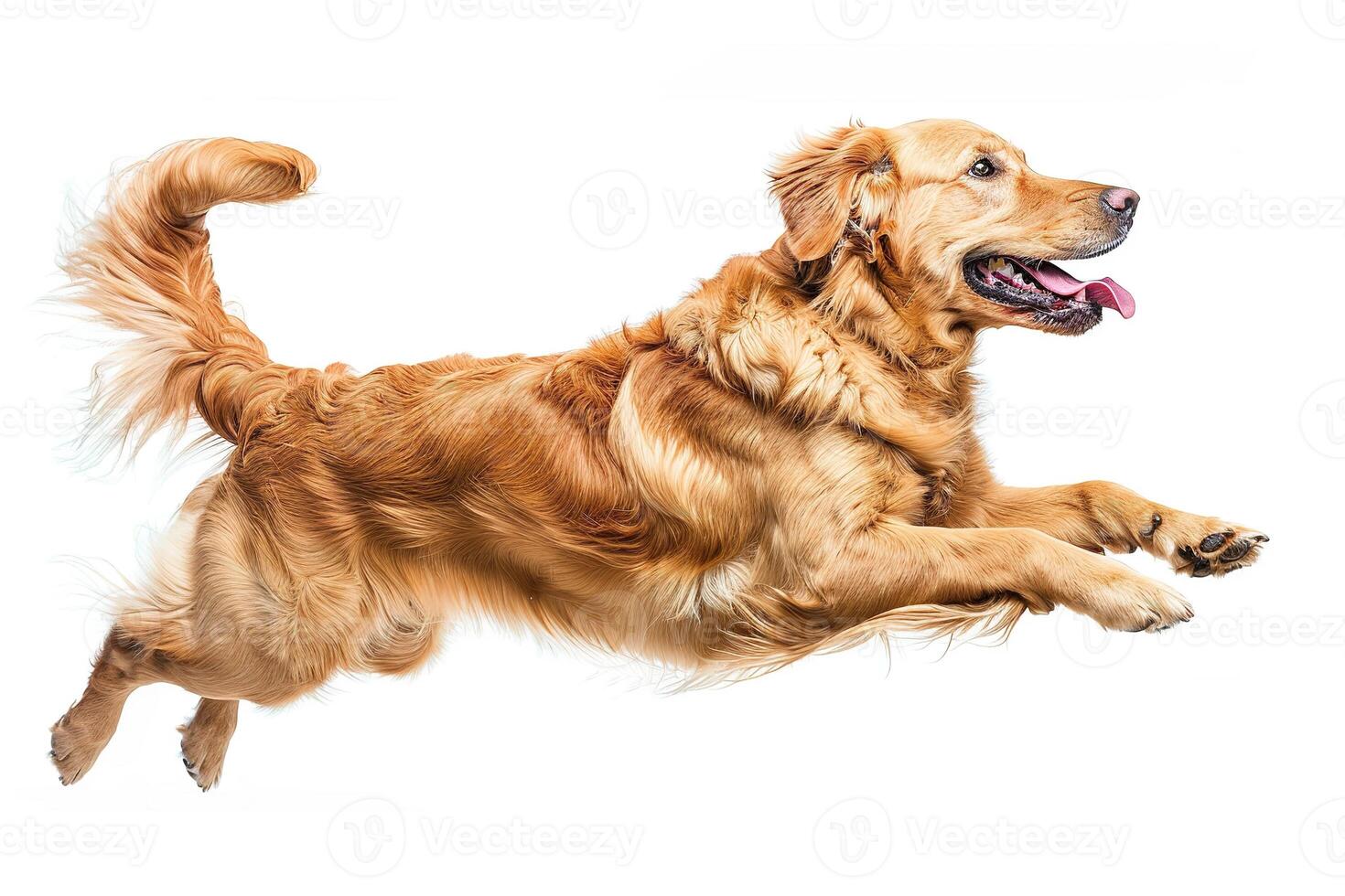 A cute golden retriever dog jumping and running on a white background photo