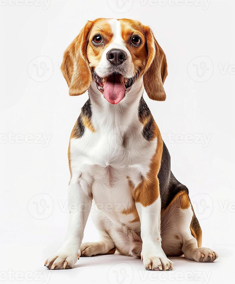 Beagle dog running and jumping, side view, white background, in the style of high definition photography, photo