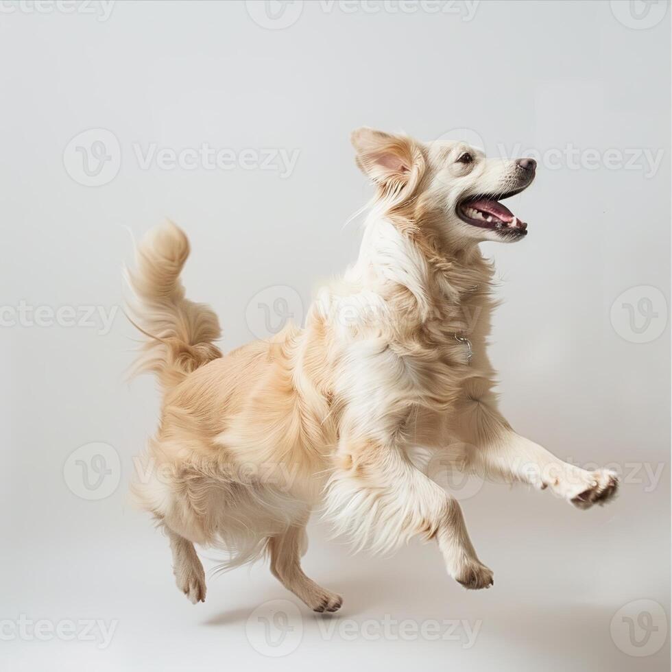 A cute golden retriever dog jumping and running on a white background photo