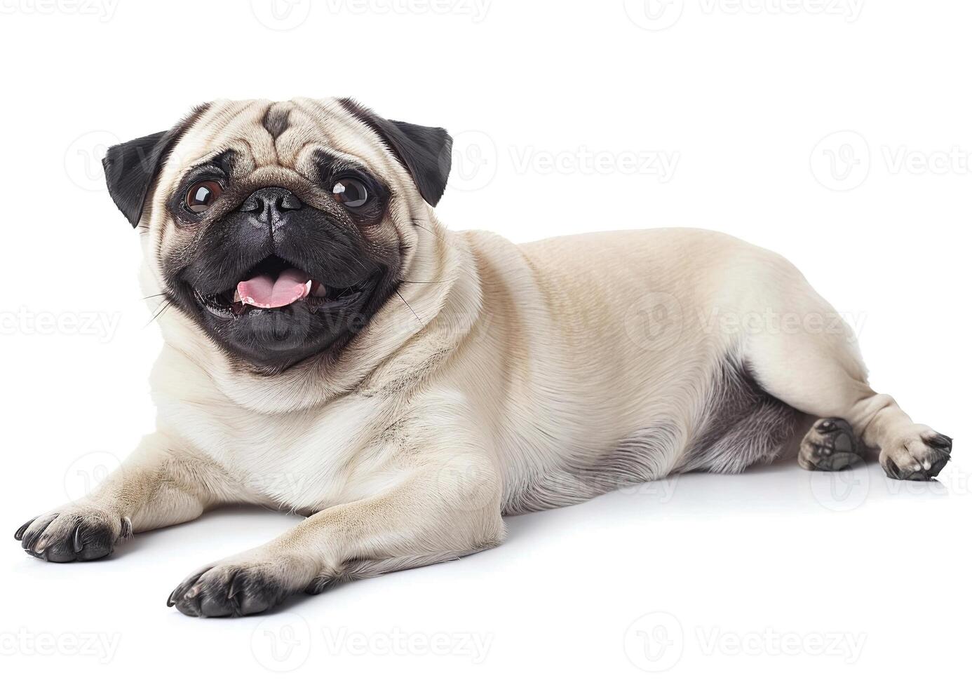 Photo of a happy pug dog lying down on a white background