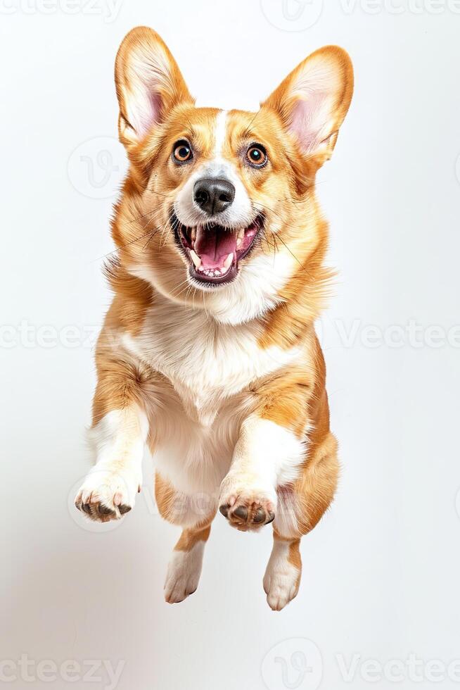 A Corgi dog jumping up with a happy expression against a white background photo