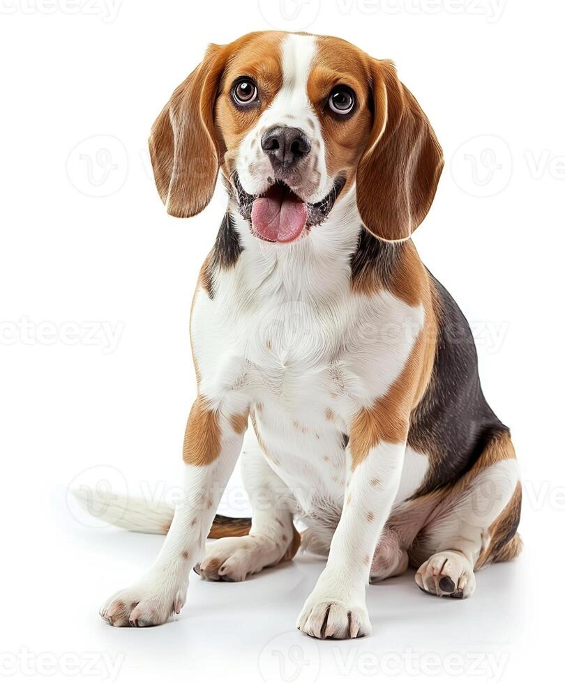 Beagle dog running and jumping, side view, white background, in the style of high definition photography, photo
