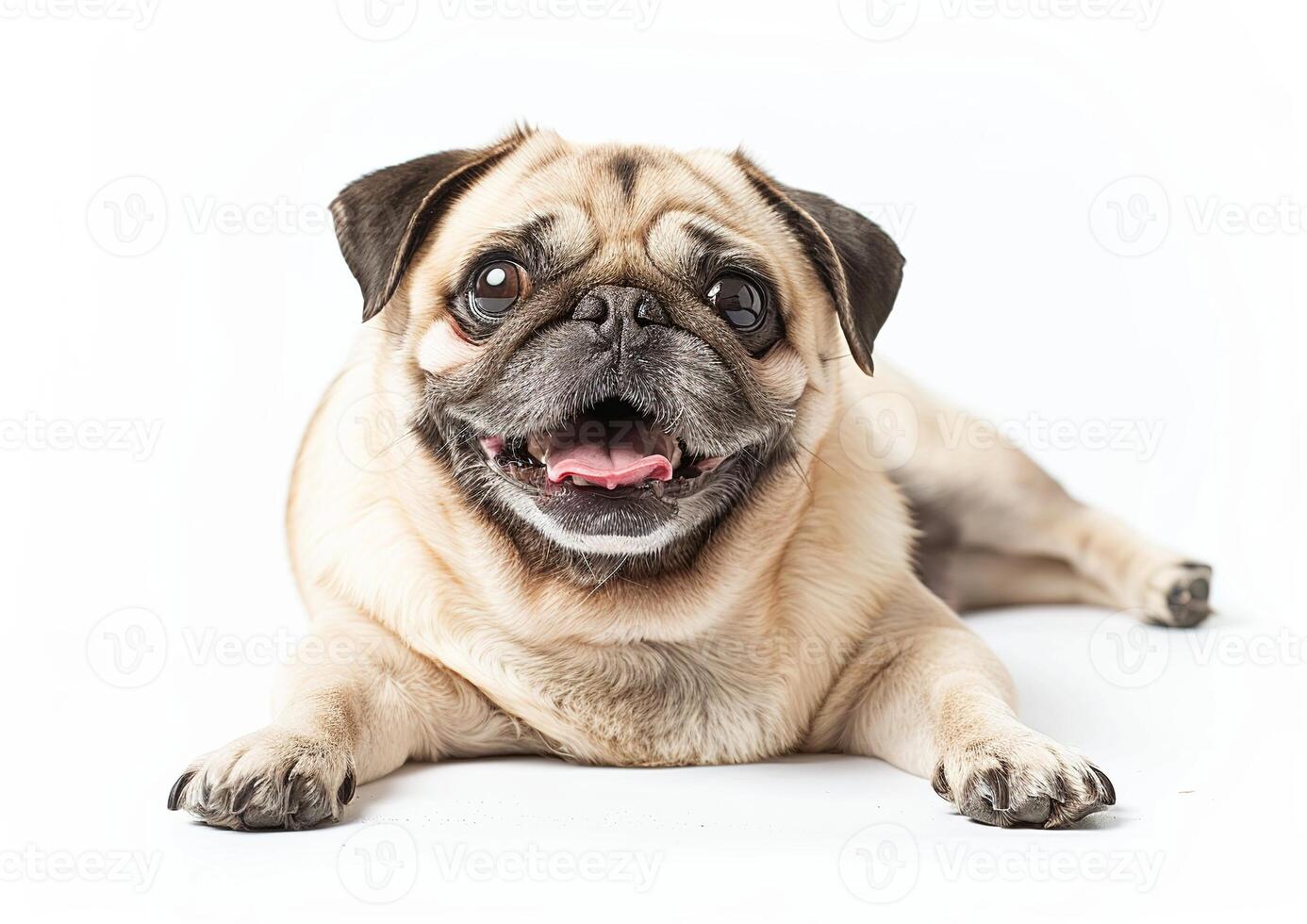 Photo of a happy pug dog lying down on a white background