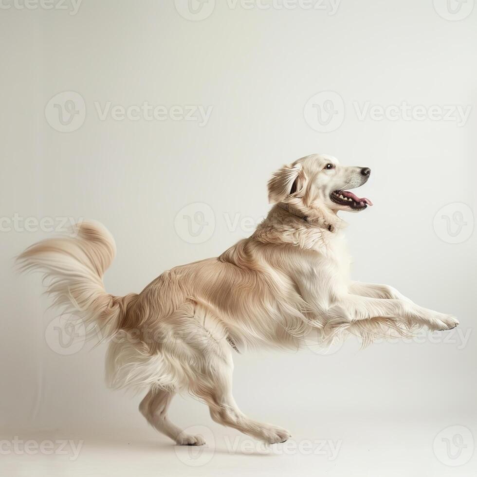 A cute golden retriever dog jumping and running on a white background photo