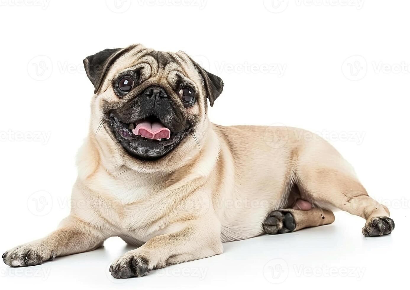 Photo of a happy pug dog lying down on a white background