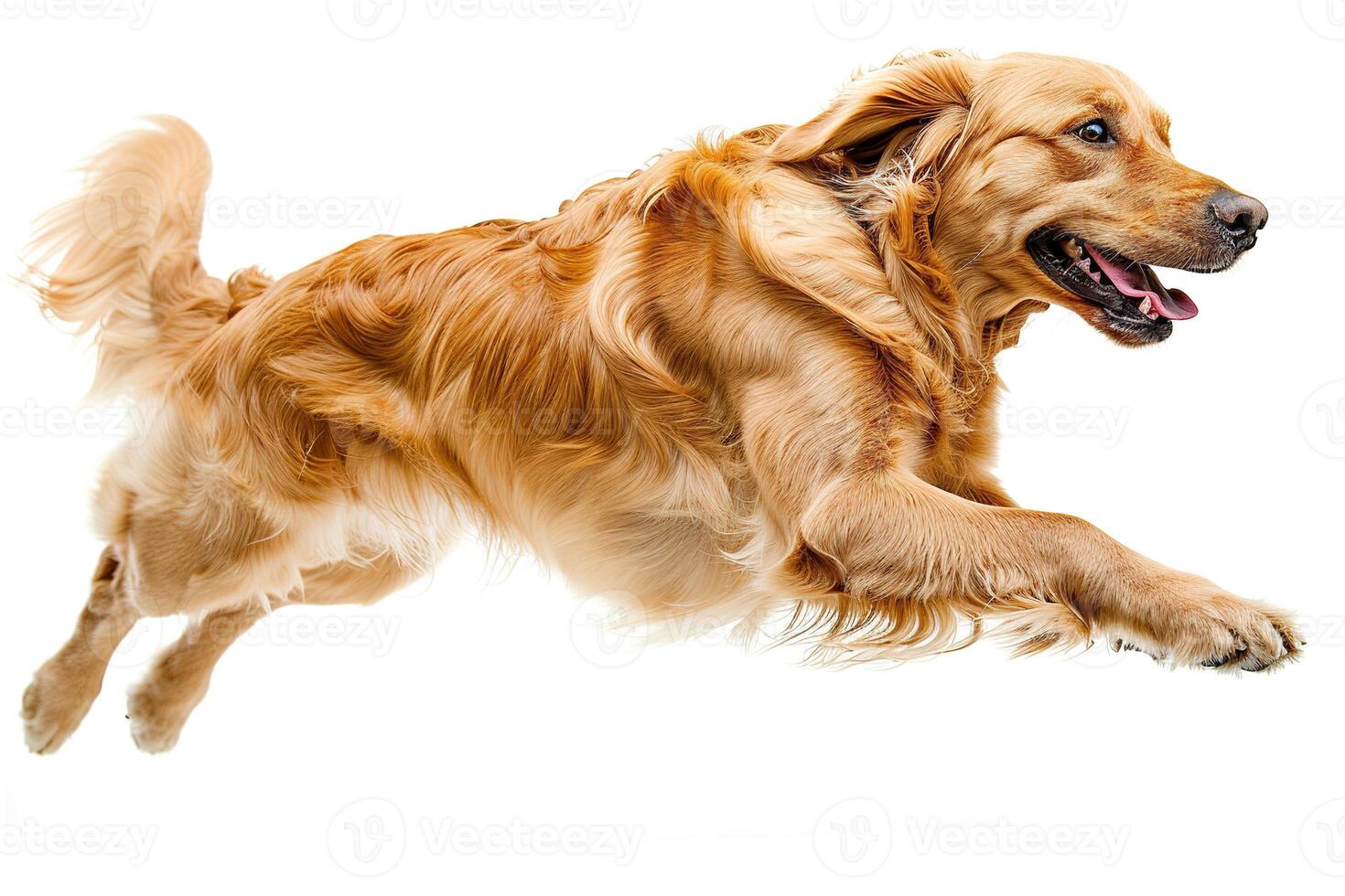 A cute golden retriever dog jumping and running on a white background photo