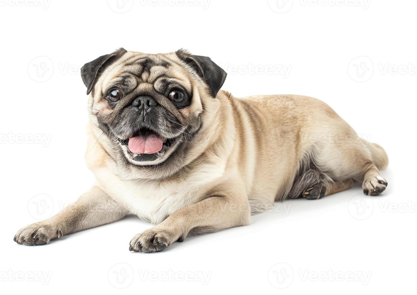 Photo of a happy pug dog lying down on a white background