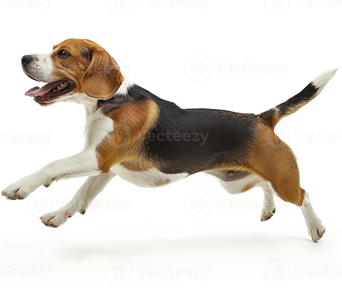Beagle dog running and jumping, side view, white background, in the style of high definition photography, photo