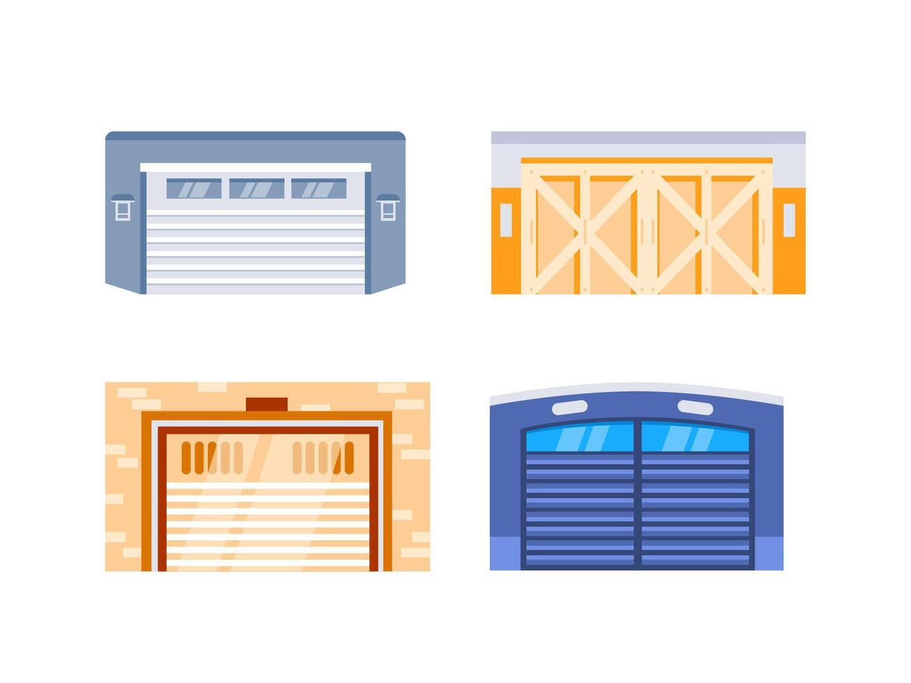 Garage door gates set. Roll cartoon garage for car house storage. Warehouse shutter metal rollers. vector