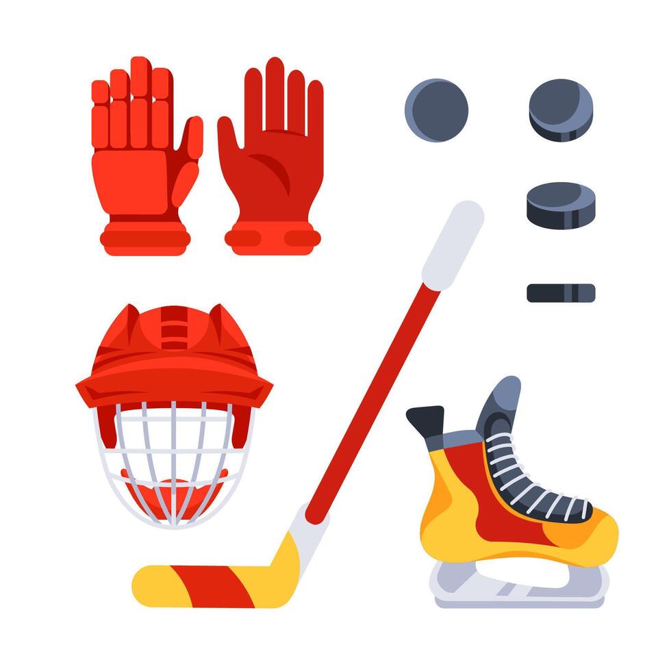 Hockey equipment set. Sport uniform elements and accessories. Winter sport. vector