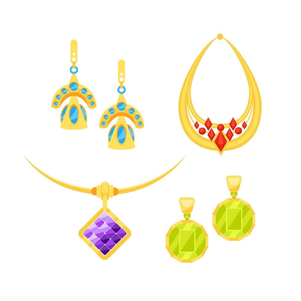 Gold jewelry set with colorful gemstones is sparkling on white background, creating luxurious accessories concept vector