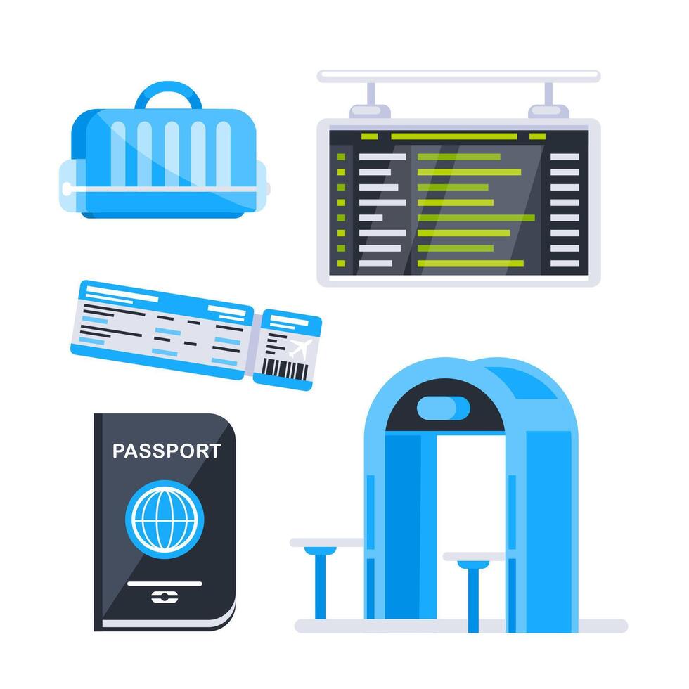 Airport terminal design elements. Traveling by plane. Travel concept. Tourist characters receive passport control. vector