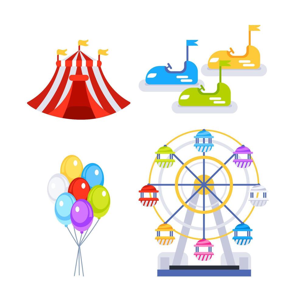 Amusement park attractions rides. Circus tent. Ferris wheel. Architecture entertainment elements. vector