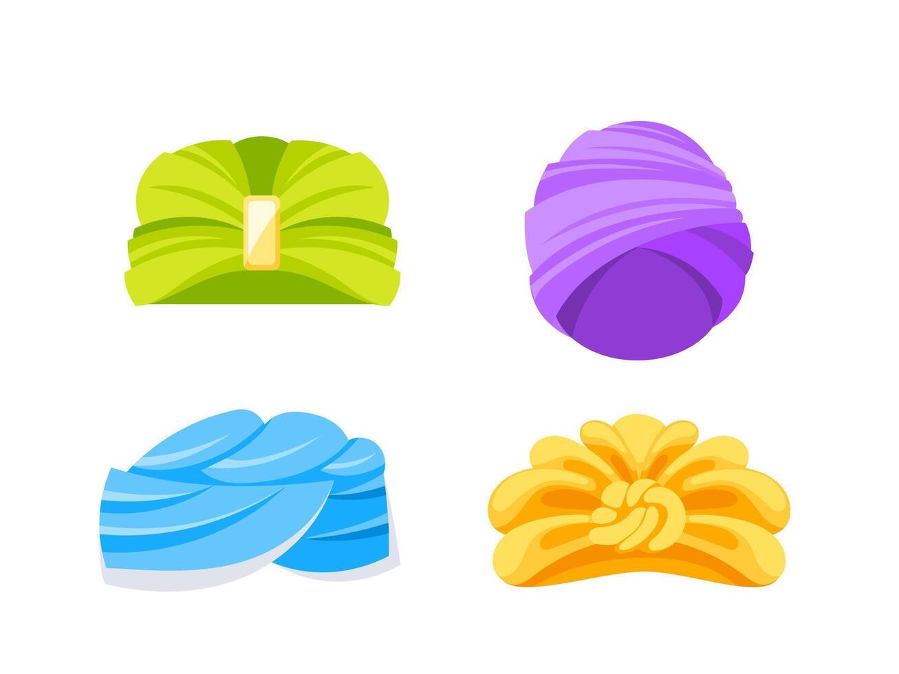 Four different turbans in various colors and styles, showcasing the diversity of this traditional headwear vector