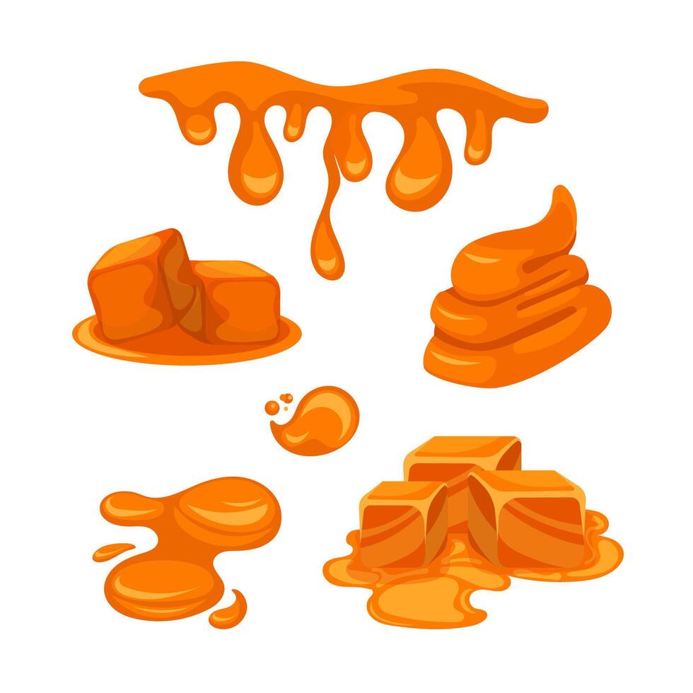 Liquid caramel cascades down a white backdrop, creating a sweet display. Rich toffee flows smoothly, forming a gooey treat vector