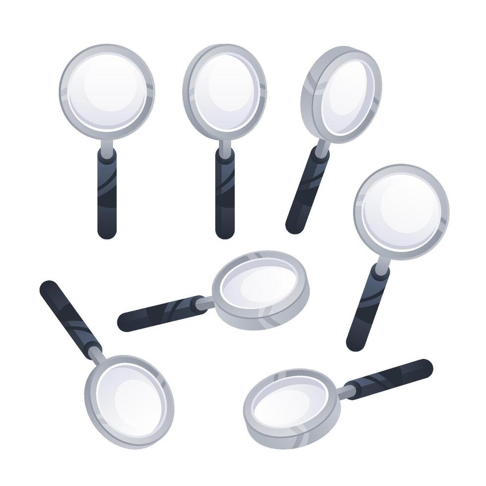 Magnifying glass set. Render minimal transparent. Magnify lupa, zoom equipment. Search concept. vector