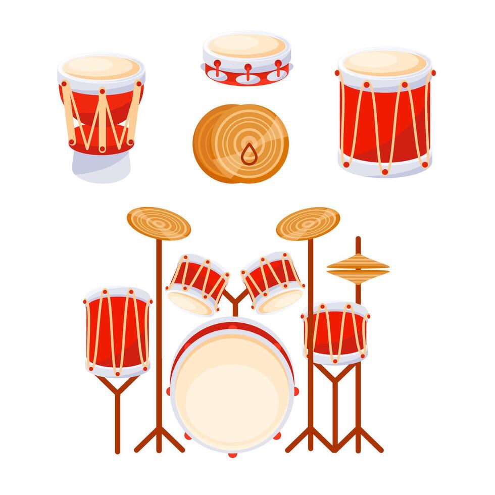 Red drum kit standing ready for a drummer to start playing music, percussion instruments isolated over white vector