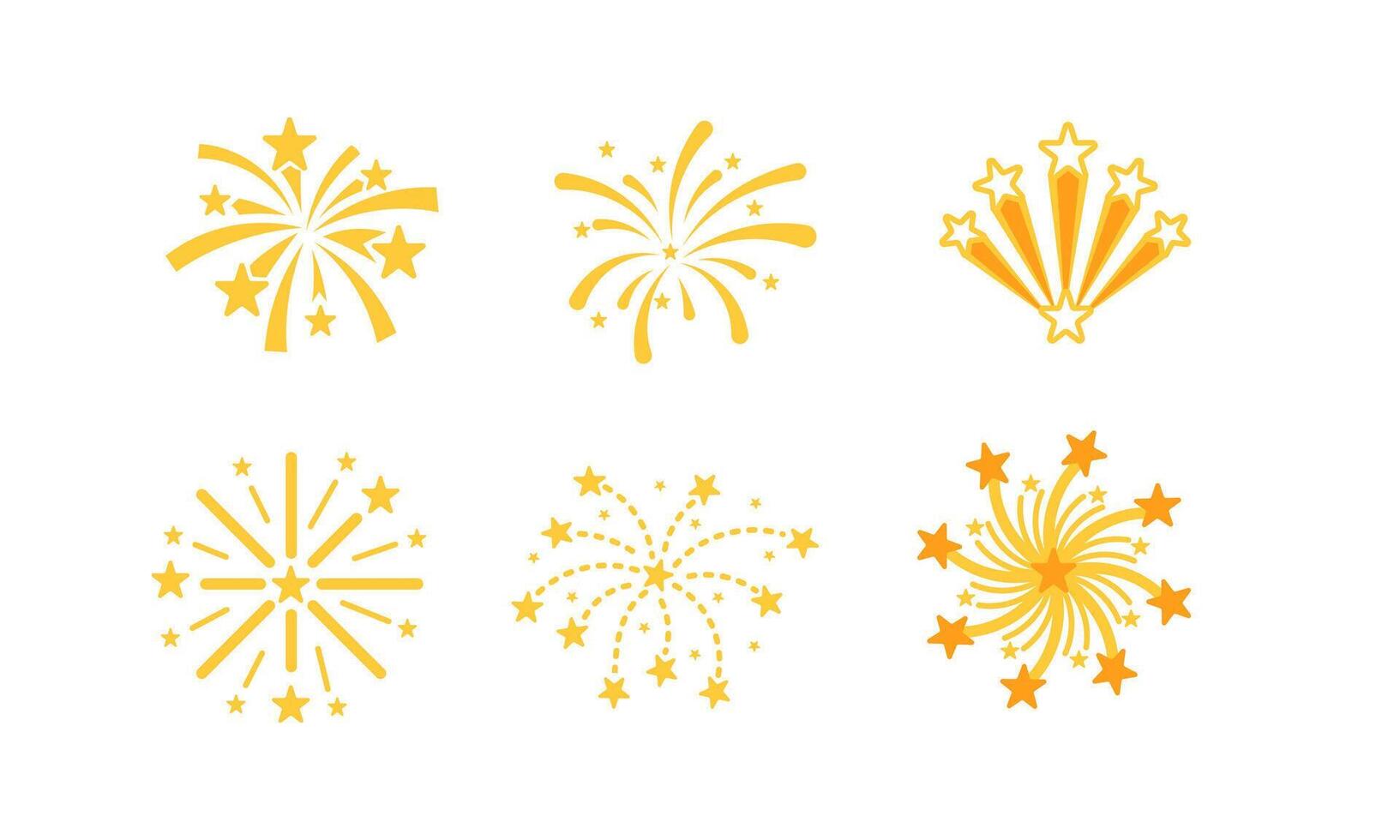 Set of stylized firework icons exploding with bright yellow sparks and stars on white background vector
