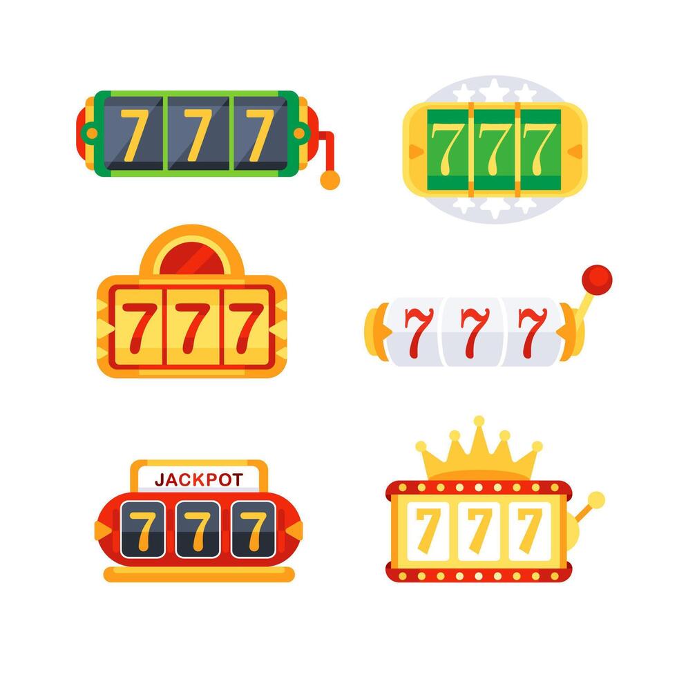Set of different slot machines with spinning and gambling symbols showing the winning number seven combination vector