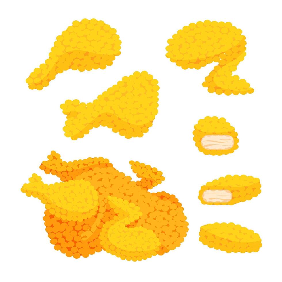 Fried chicken meat menu set made with small yellow dots, viewed from above on a white background vector