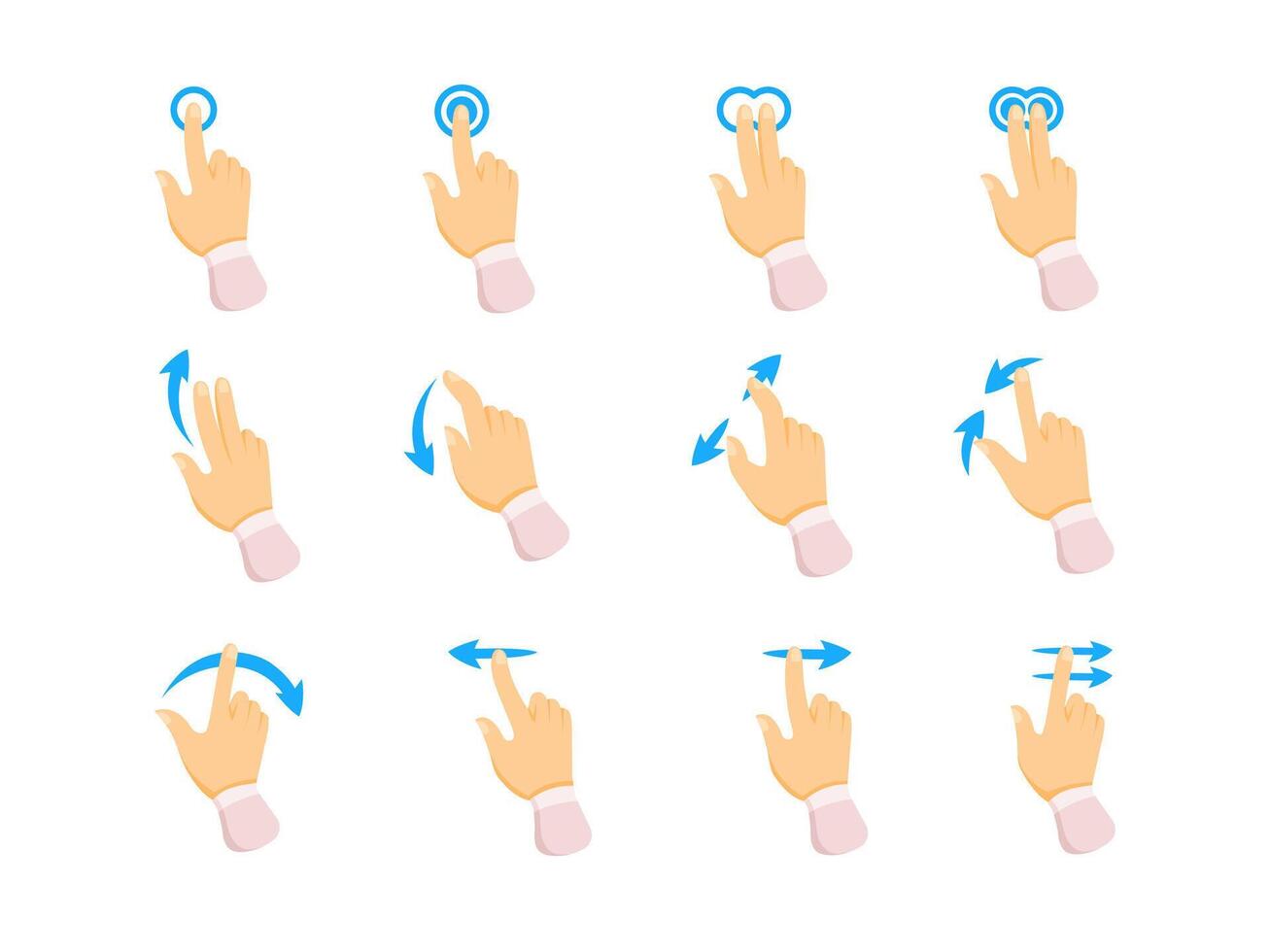 Touch screen hand gestures set. Like swipe, scroll and pinch. vector