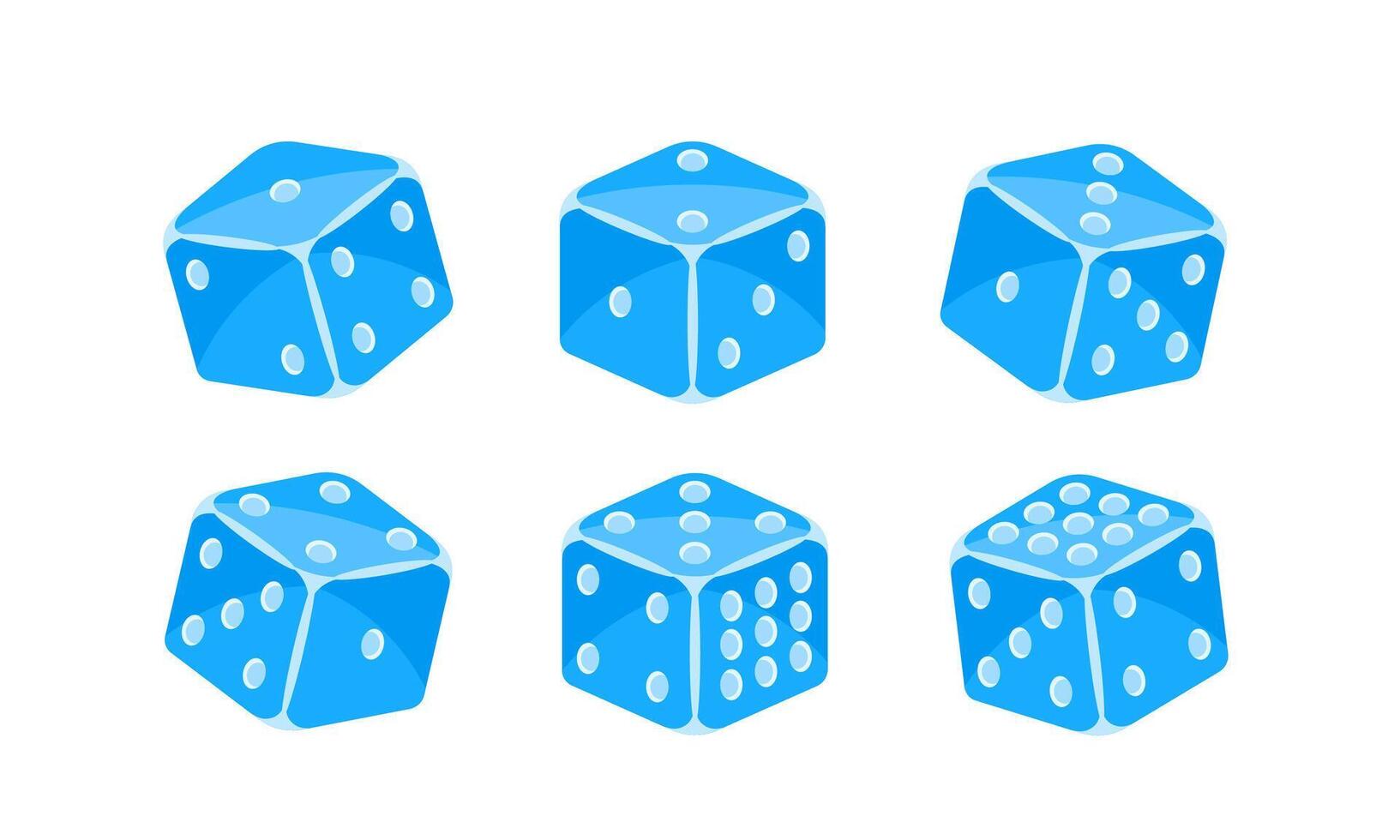 Six vibrant blue dice in motion, each showing different sides, evoke luck and chance in a casino setting. Symbolizing risk and excitement, they capture the thrill of games of probability vector