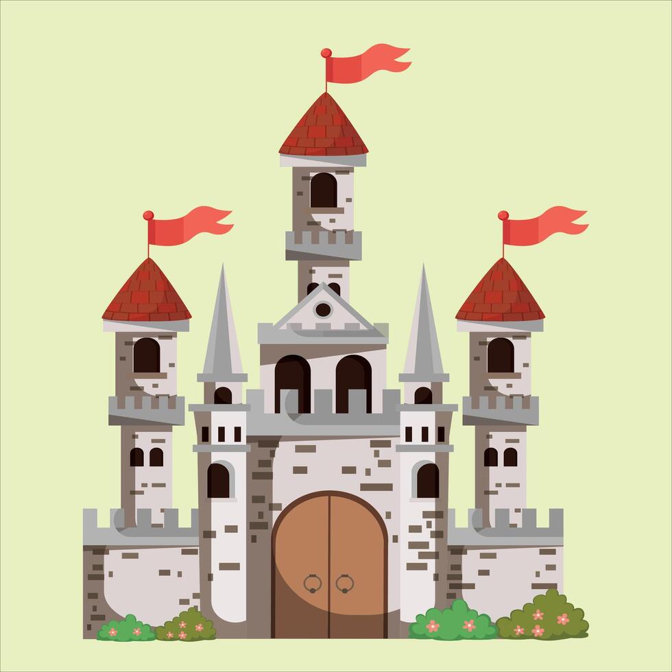 Castle design, flat graphic style, light white background. Fantasy architecture concept. Illustration vector