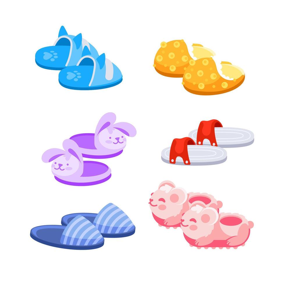 Set of home slippers for the whole family. Warm light shoes. Fluffy and soft. vector