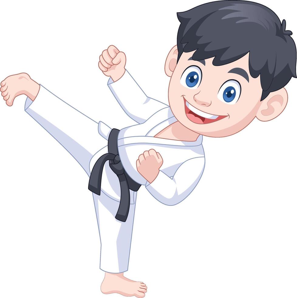 Boy cartoon character practicing karate kicking pose vector