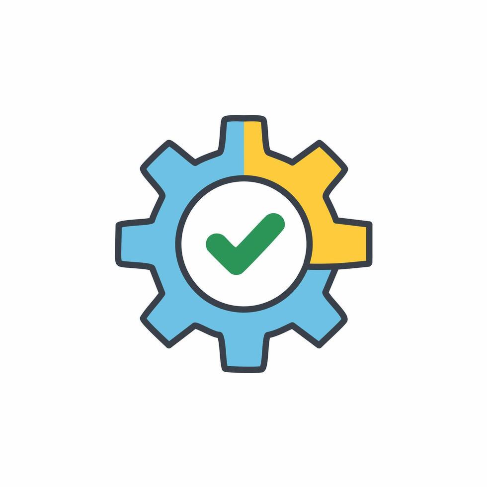 Gear with check mark, settings icon illustration. Flat design. vector