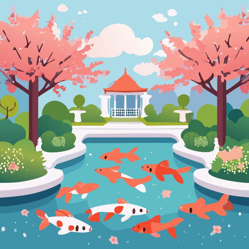 Koi fish garden illustration. Flat style design with pond, pavilion, pond and cherry blossoms. vector