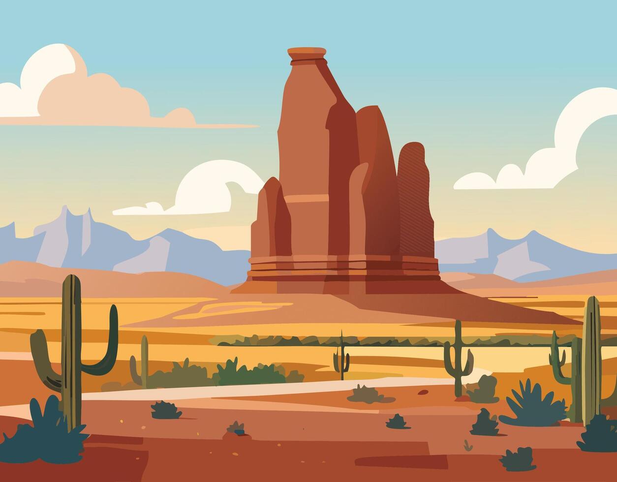 Desert landscape with mountains and cactuses. Flat style illustration. vector