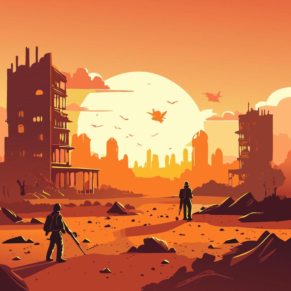 Ruins of old city with two man silhouettes at sunset. 3d illustration in retro style. vector