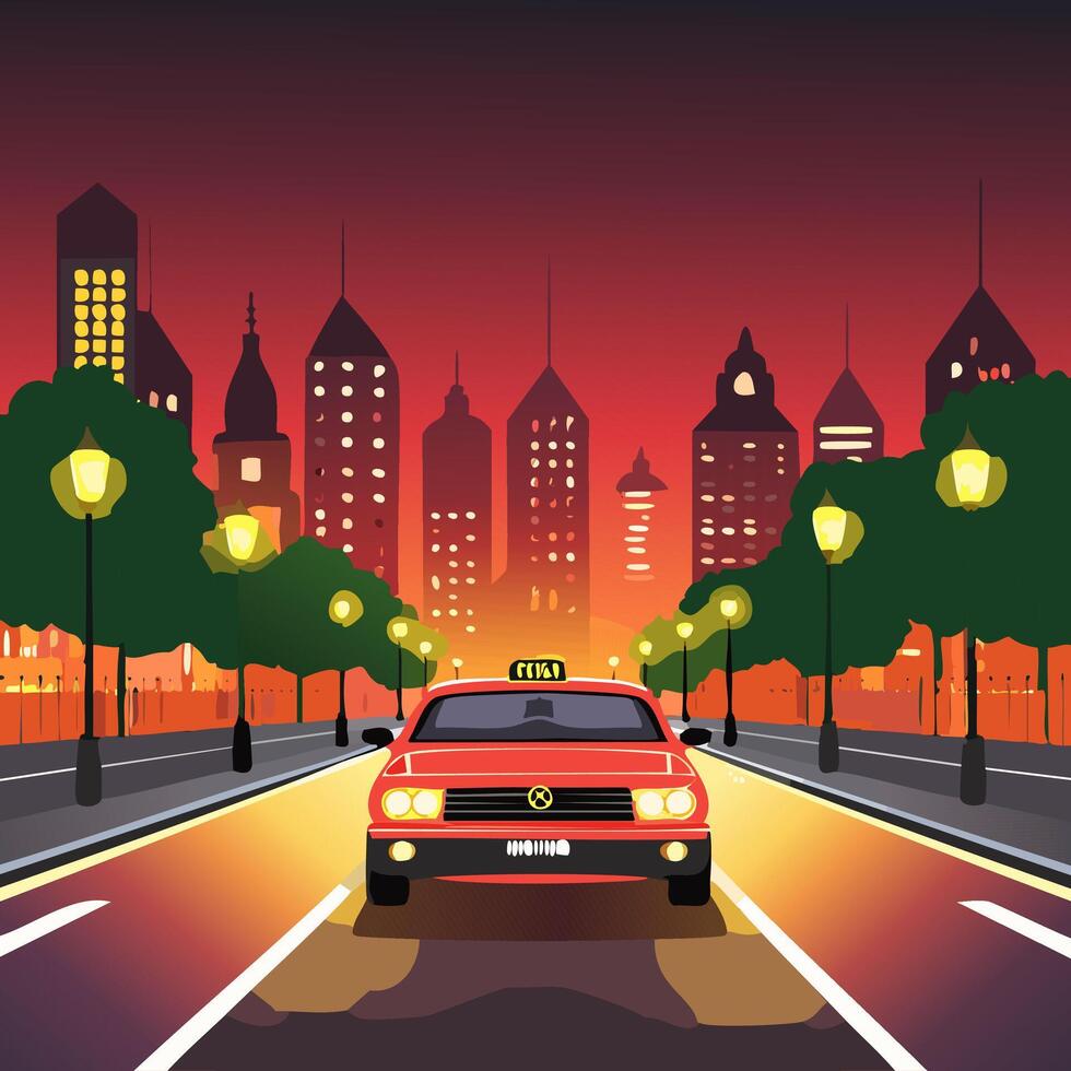 Taxi on the road in the evening city illustration. vector