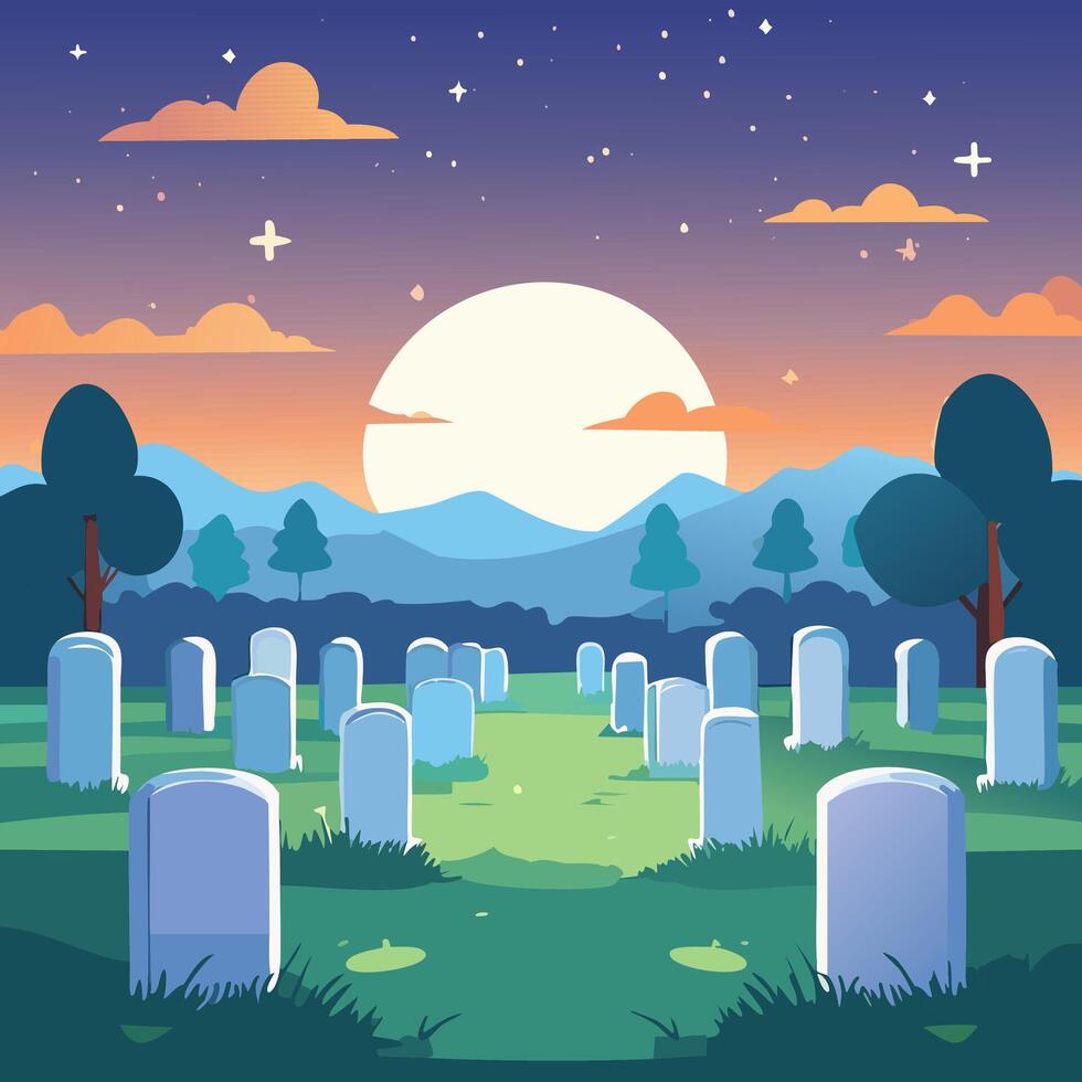 Cartoon cemetery at night. 3d illustration of graves in moon light. vector