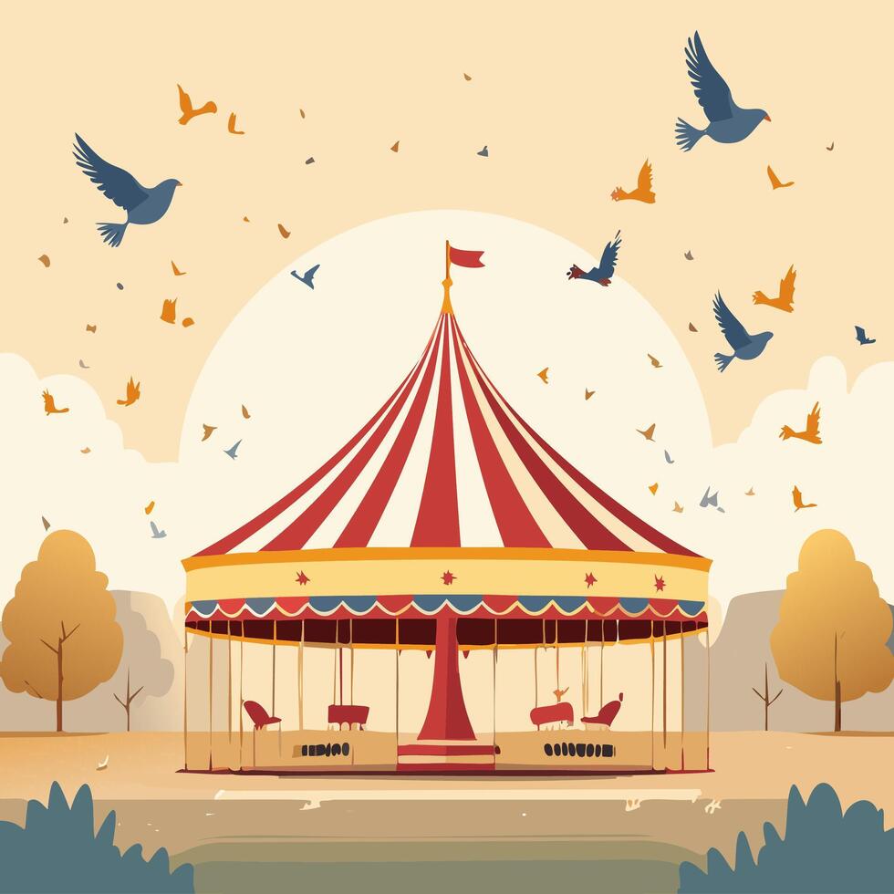 Circus background with a carousel and flying birds illustration vector