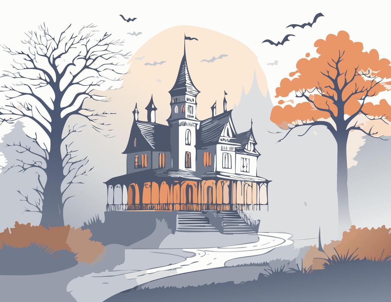 Spooky background with castle, flying birds and trees illustration. vector