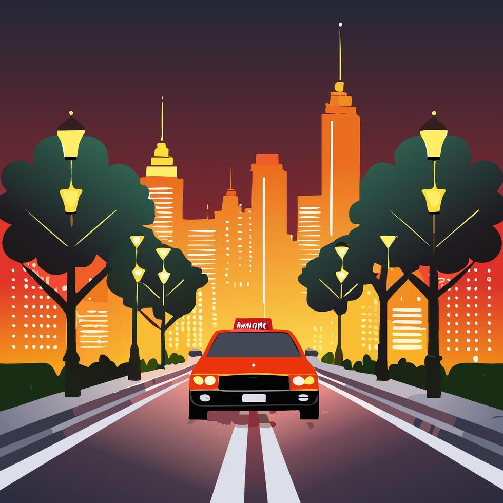Taxi on the road in the city at sunset illustration vector