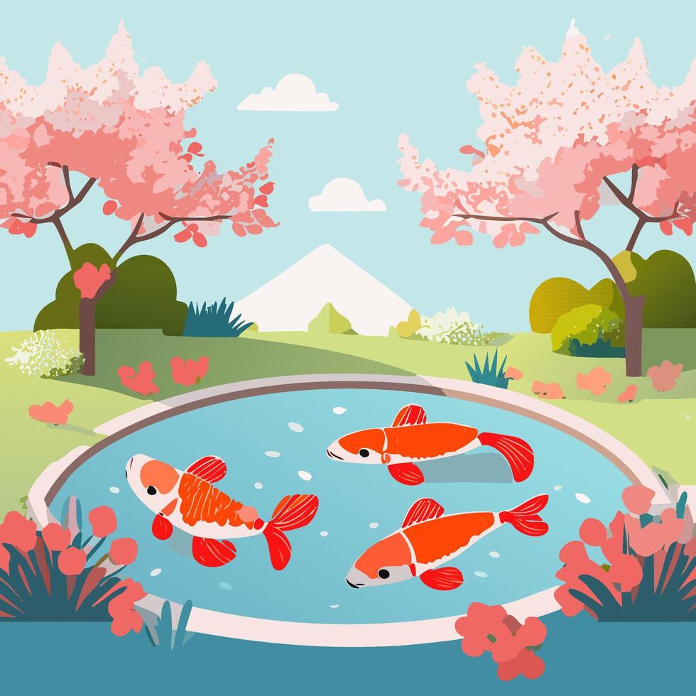 Cherry blossoms and koi fish in the pond illustration. vector