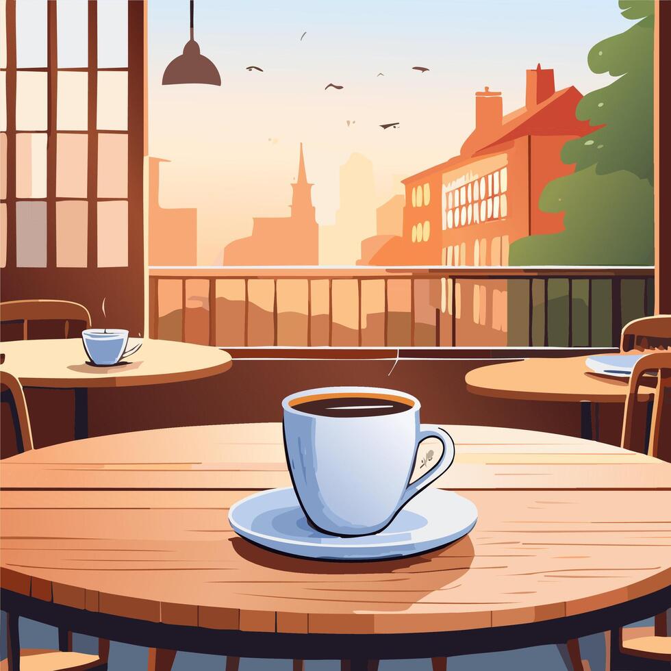 Coffee cup on wooden table in cafe illustration. vector