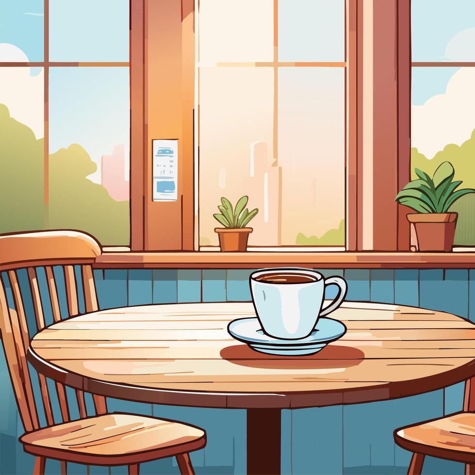 Illustration of a wooden table with a cup of coffee in a cafe vector