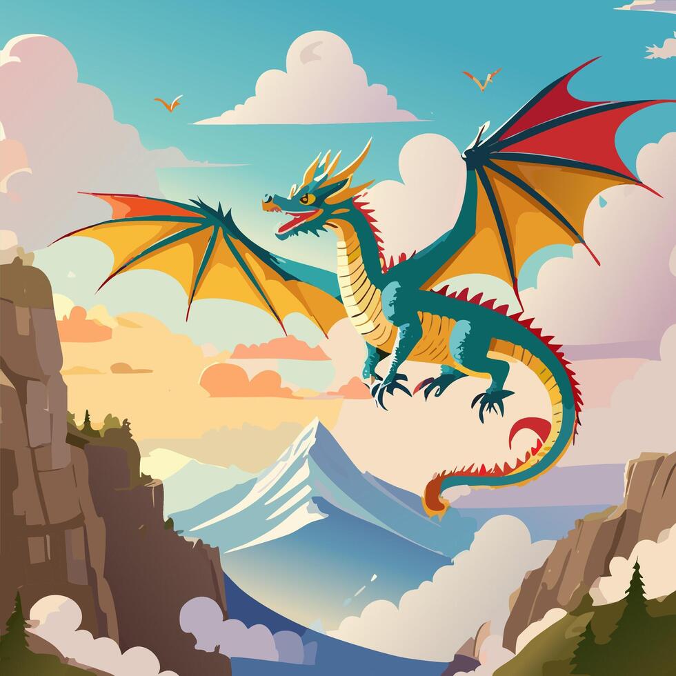 Dragon flying over the mountains. Cartoon illustration for your design. vector