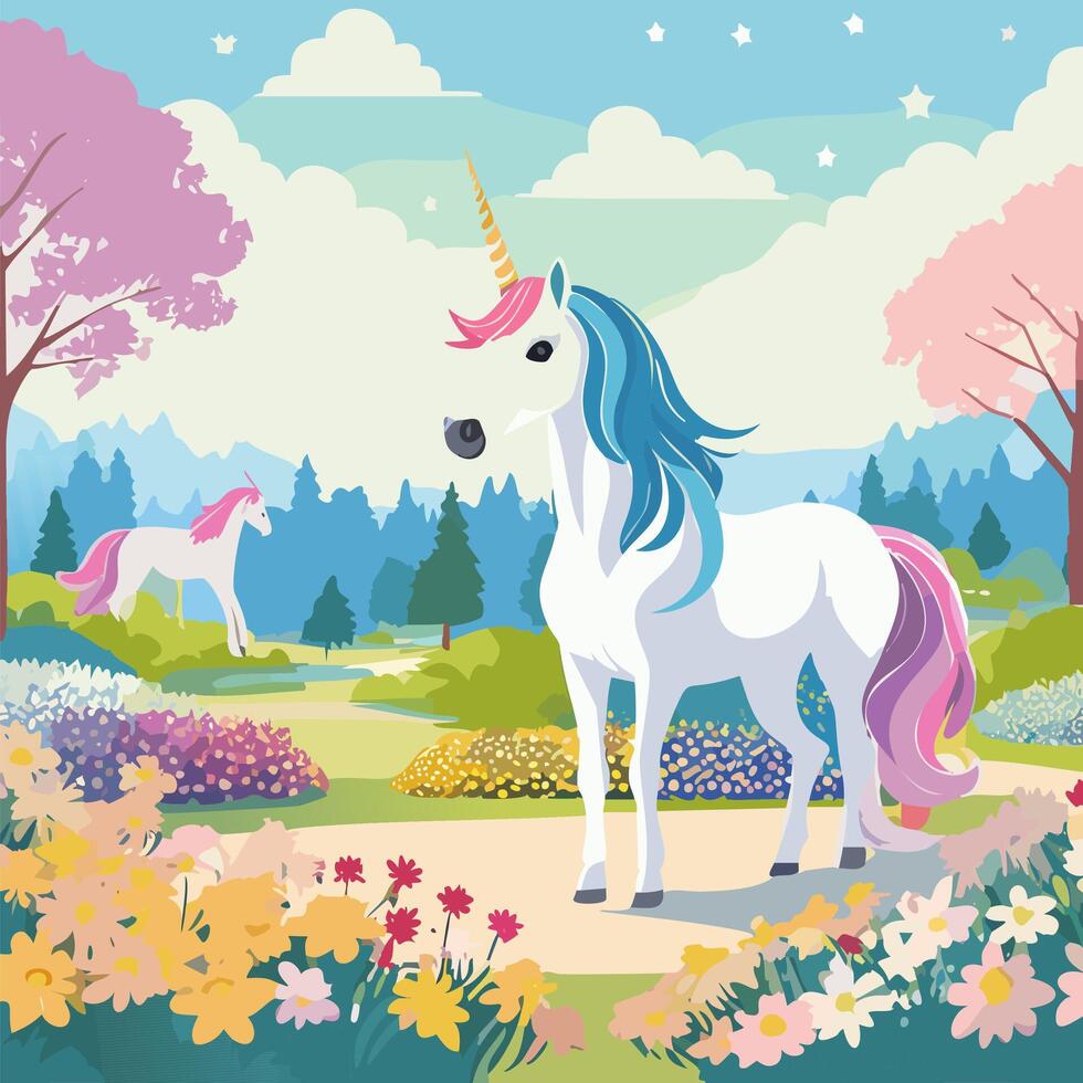 Cute unicorn in the park with flowers. Pony horse with big horn illustration in flat style. vector