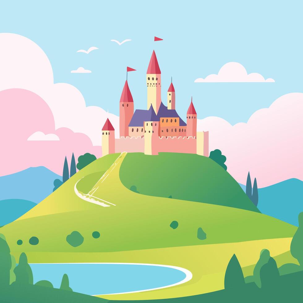 Castle on a green hill illustration in flat style. vector