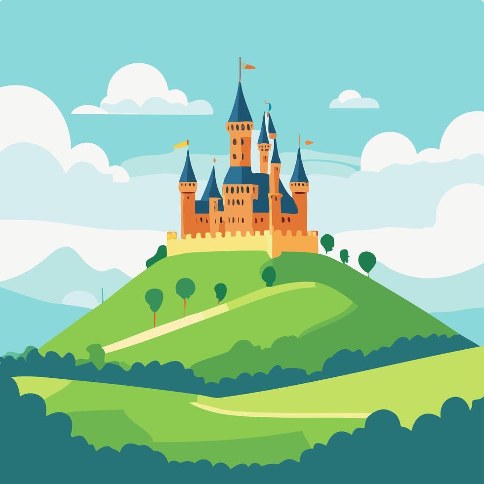 Castle on green hill illustration in flat cartoon style. vector